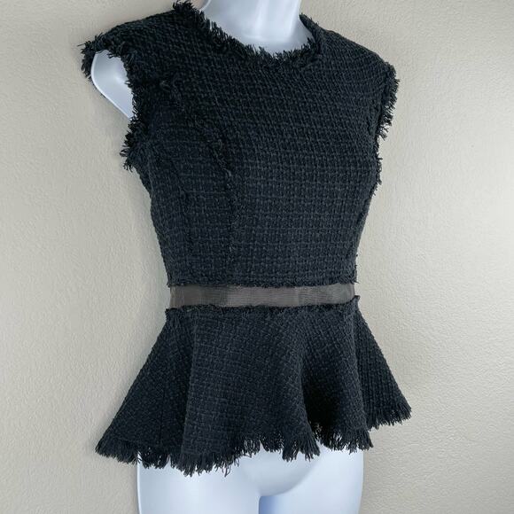 Rebecca Taylor Black Tweed Peplum Fringe Leather Trim Wool Cap Sleeve Top 2 - Picture 10 of 16